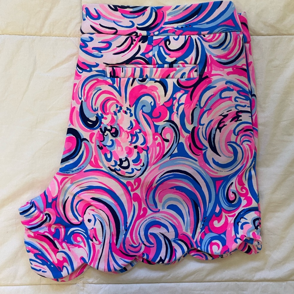 Lilly Pulitzer Buttercup Pink and Blue Swirl Mid Rise Shorts - Picture 2 of 4